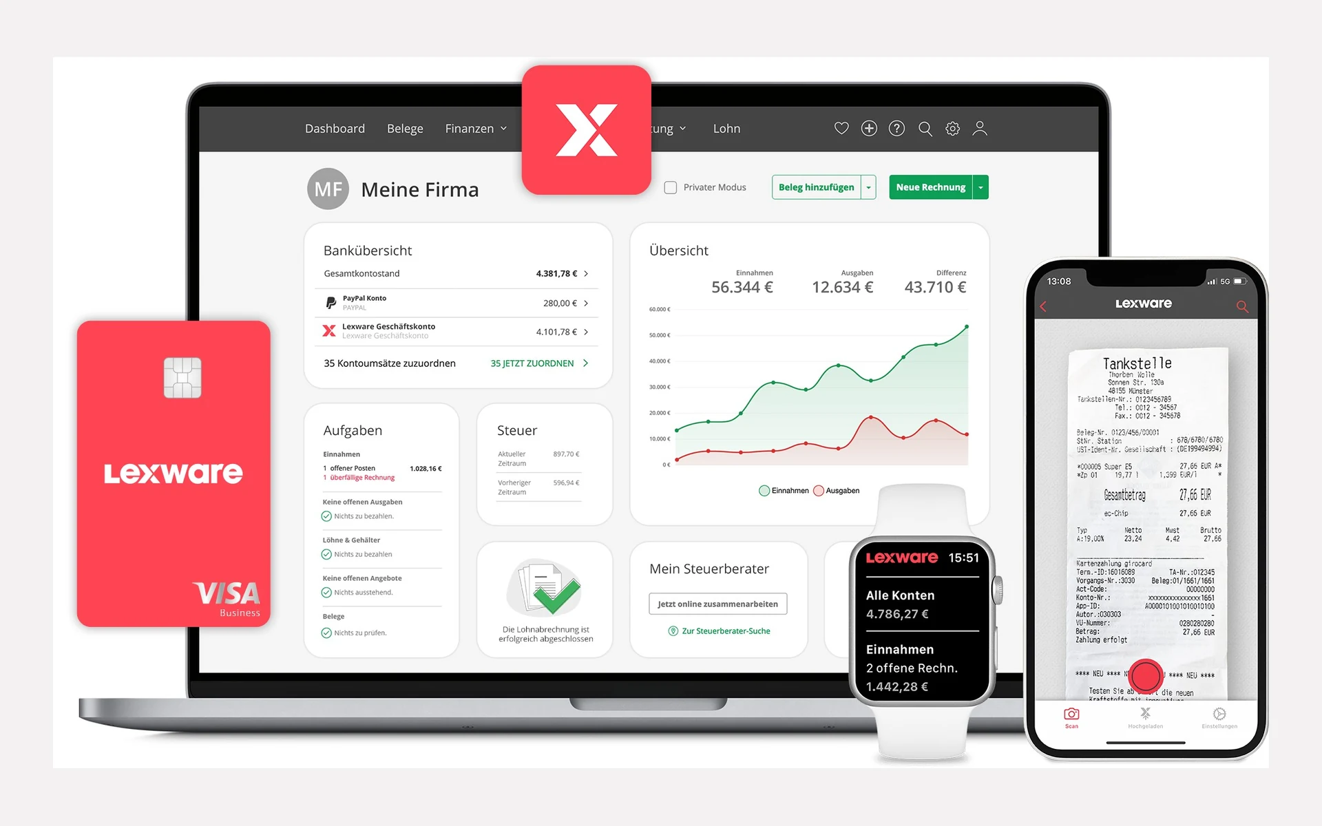Lexware Office auf Laptop, Smartphone und Smartwatch