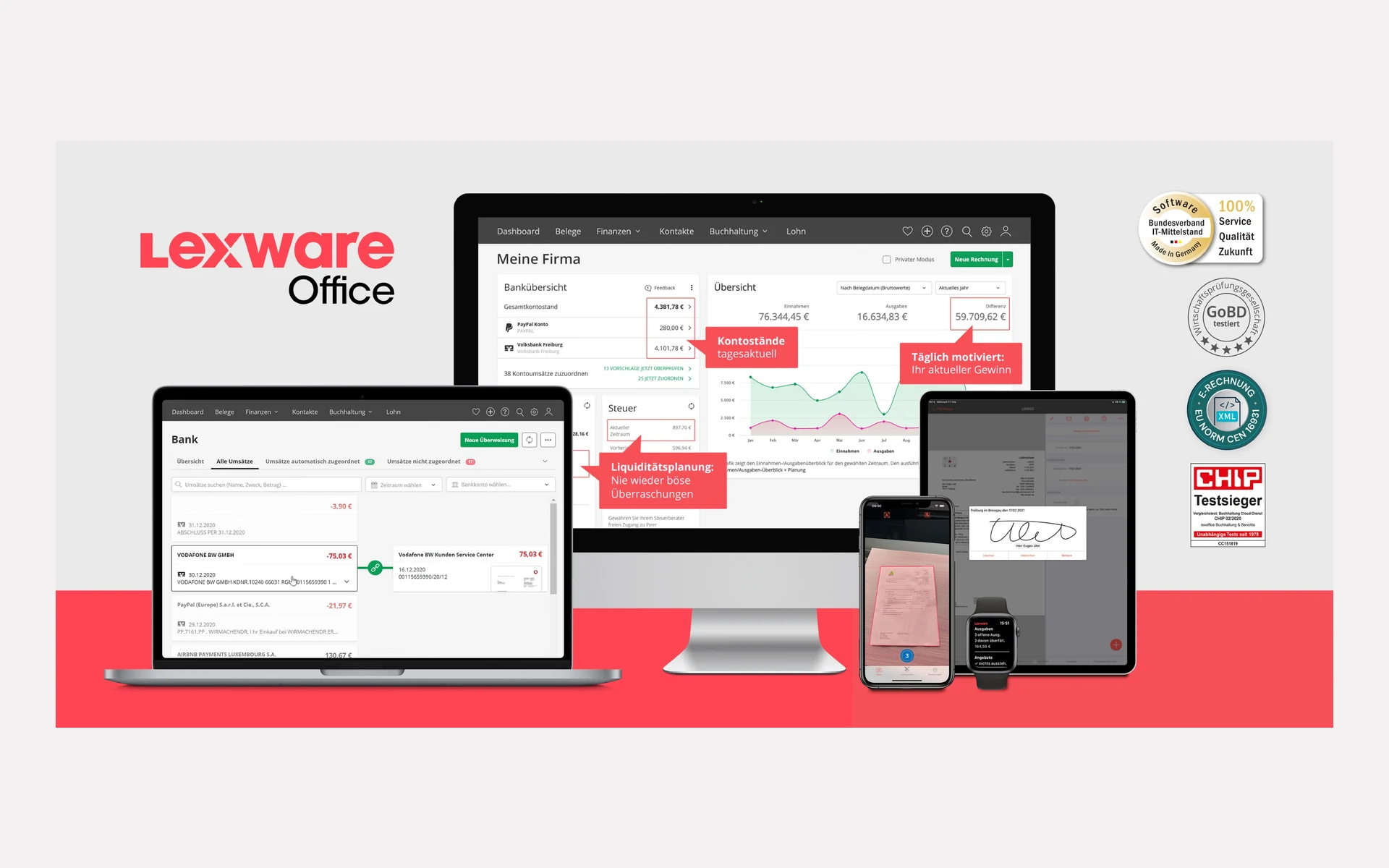 Lexware Office auf Laptop, Smartphone und Smartwatch